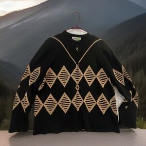 Vtg. San Remo By Laura Knits Sweater Womens XL Black Argyle Zip Madman Cardigan